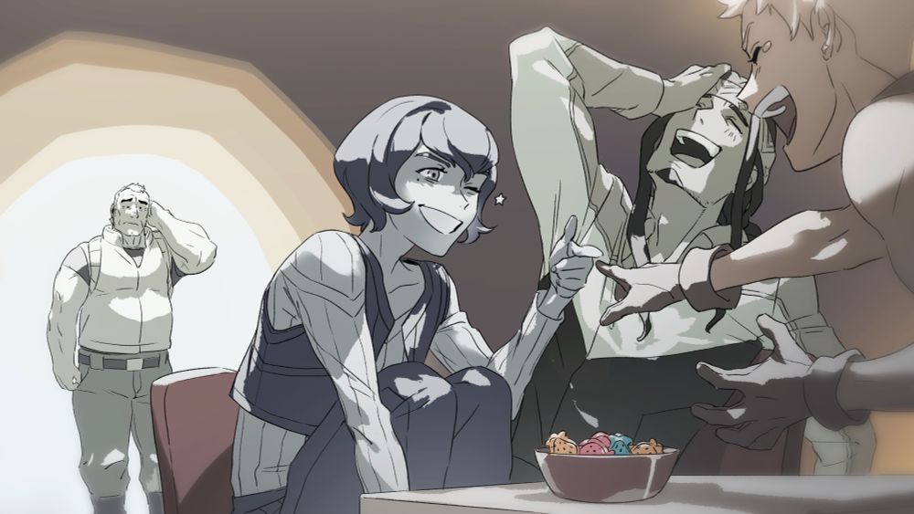Yan, Daciana, and Jaeger laugh with each other over a bowl of snacks at a table. Belmont looks on from the doorway.