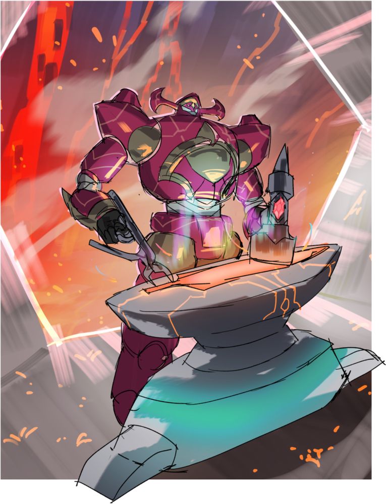 Mirabell's suit. It appears to be smithing something on an anvil. It is maroon and gold in color.