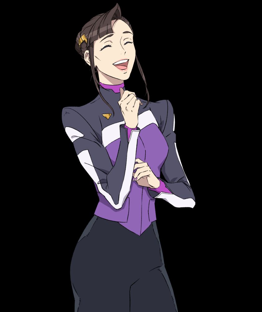 Hanako Battle Suit Aces in her signature purple shirt and black pants uniform, laughing jubilantly. 