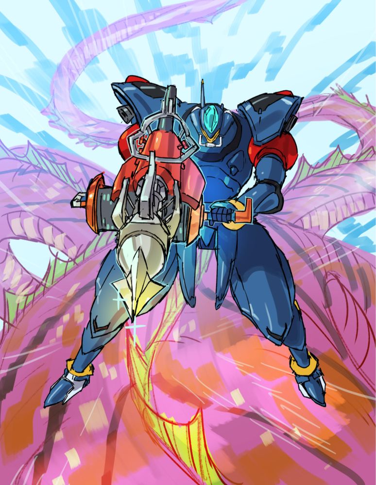 Wayne's suit. It is blue and red and is aiming a large drill-like gun at the viewer.