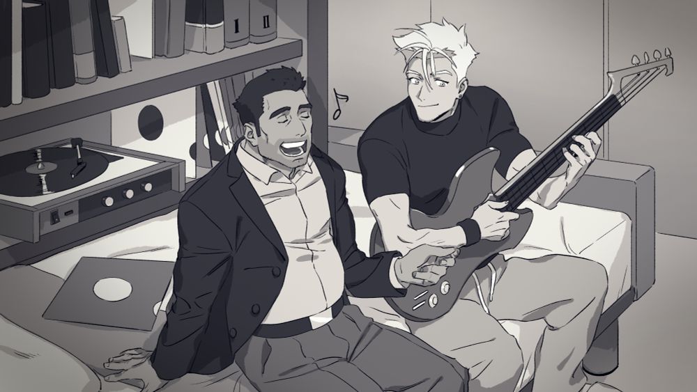 Felix and Kabir on their second date. Kabir is singing loudly and Felix is playing the bass guitar next to him.