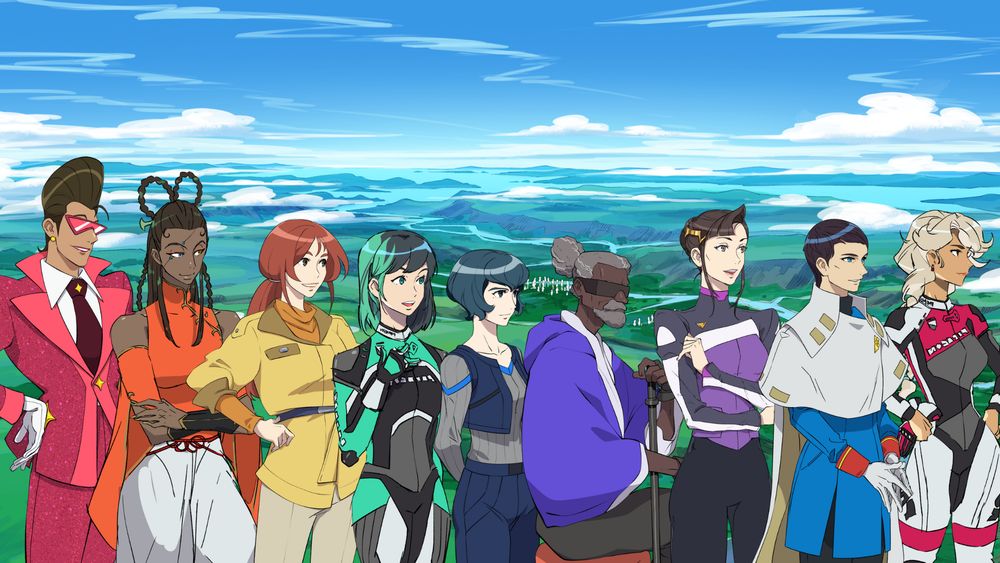 A group of Battle Suit Aces characters in rainbow/pride flag order. 
From left to right: Dominguez wearing their sparkly red suit, Lanying in a beautiful orange top, Mayor in her yellow jacket, Ellis in her green racing suit, Yan in her signature blue vest and pants, Scrappy with his indigo-ish cloak, Hanako in her purple flight suit, Lyra in their blue and white outfit, and Nishi in her pink and white racing suit.