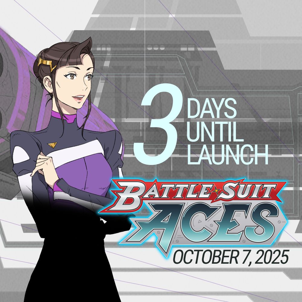Hanaki from Battle Suit Aces has dark brown hair and brown eyes. She is wearing a "normal suit" style one top that is several different shades of purple and grey. Her arms are crossed comfortably across her chest. The text reads "3 days until launch. battle suit aces. oct. 7th, 2025"