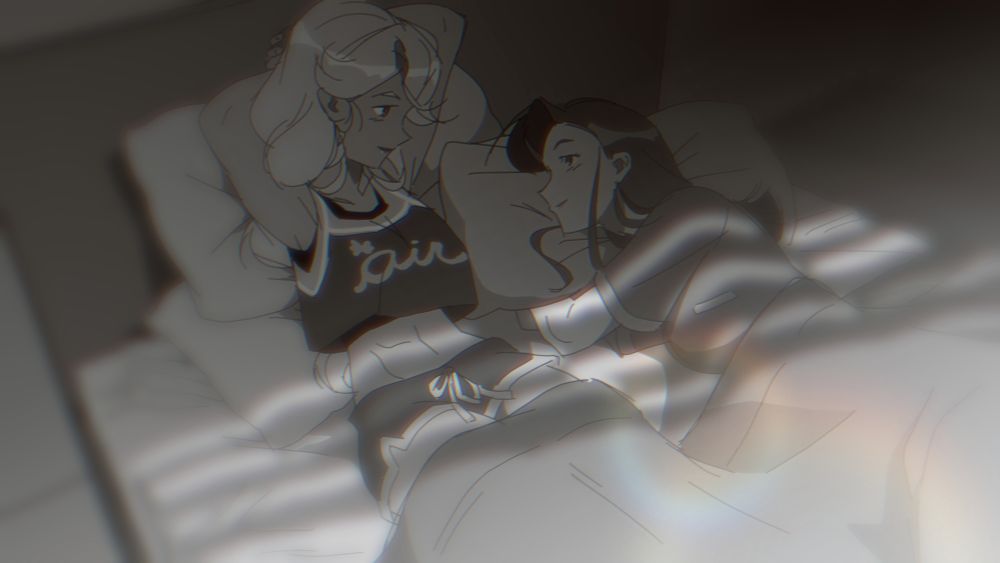 Nishi and Hanako, just woken up, looking lovingly at each other
