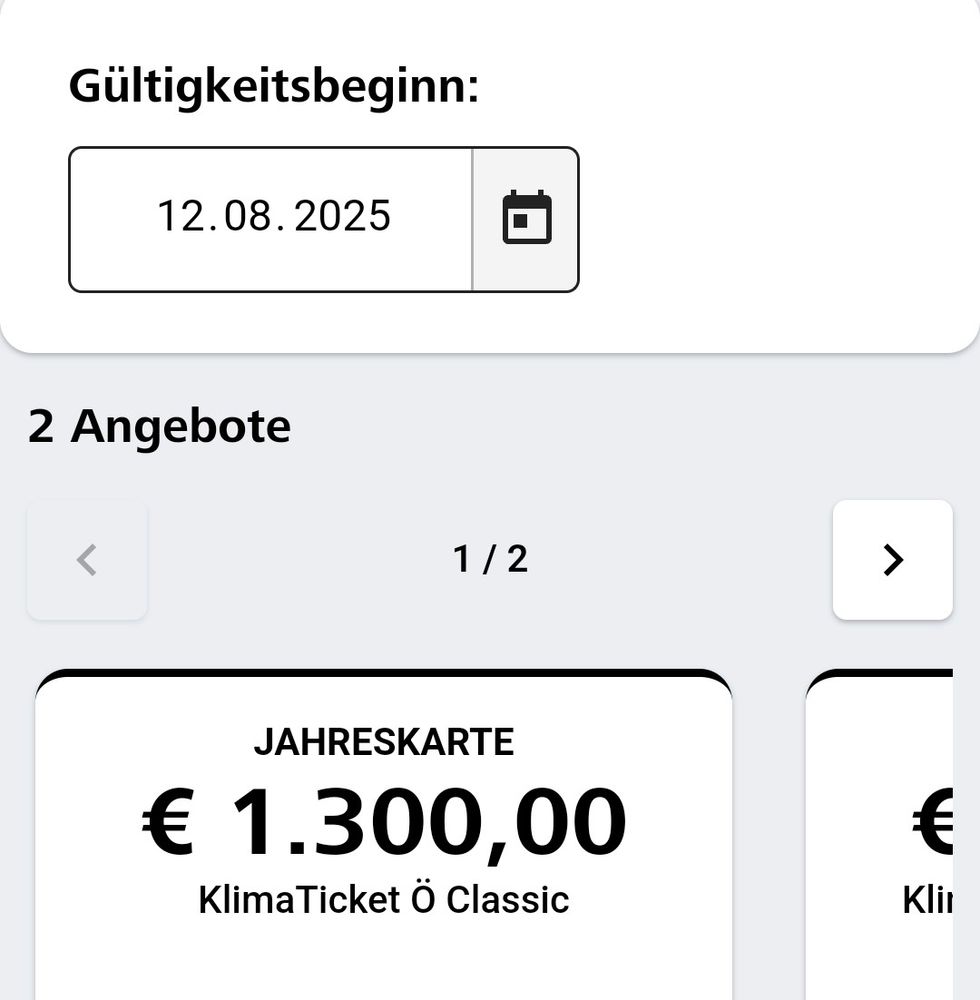 Screenshot klimaticket-shop. Beginn 12.8.2925, Preis 1300€.
