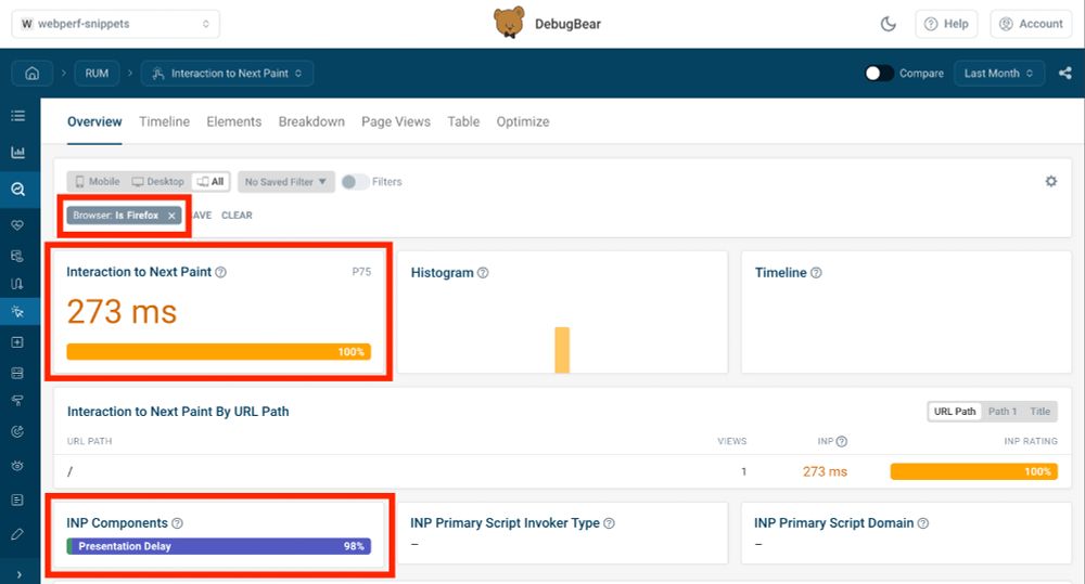 RUM DebugBear tool screenshot with an INP registered value