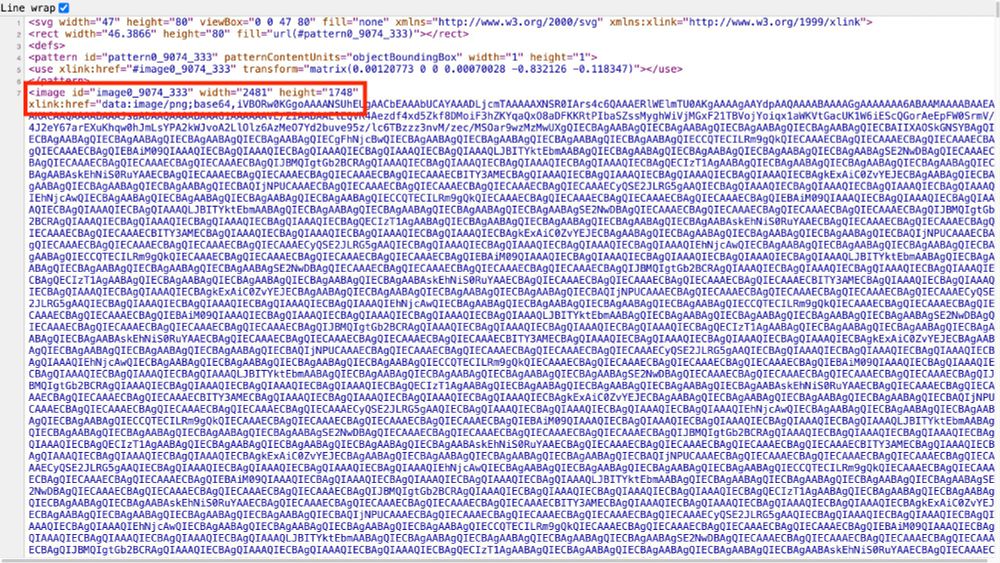 Screenshot of an SVG file that includes an embedded image using base64 encoding. The image is inserted directly within the <image> tag using the xlink:href attribute, rather than linking to an external file. This means the entire image is stored inside the SVG as base64 data.