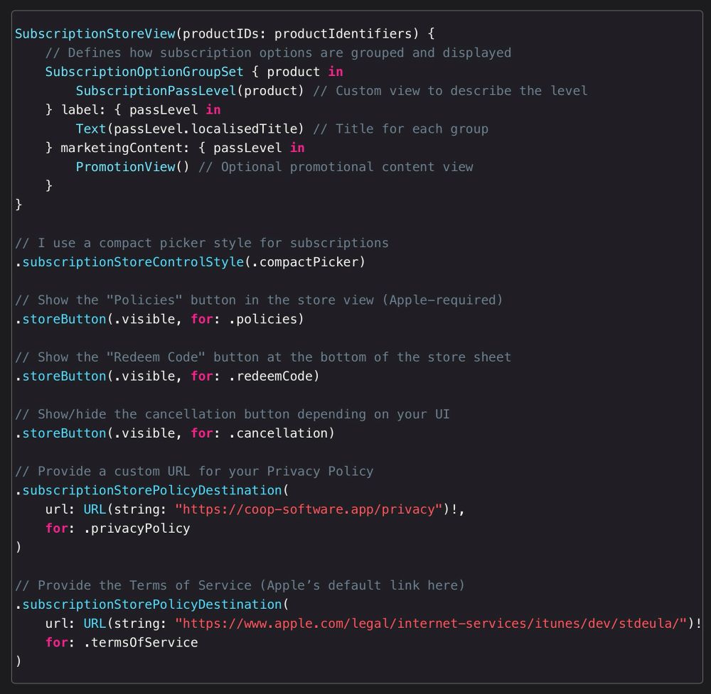 Code presenting a store view in SwiftUI with various customisation options for buttons and links