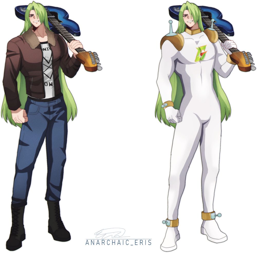 A big build anime man with long green hair and a guitar propped up on one shoulder. In his civvies on the left: black boots, blue jeans, a Midnight Howl t-shirt and a brown leather bomber jacket with a fleece collar. In his pilot suit on the right: a G Gundam-style skintight white suit with motion sensors on the ankles, wrists and shoulders and a logo on the chest depicting a G with a speedometer.