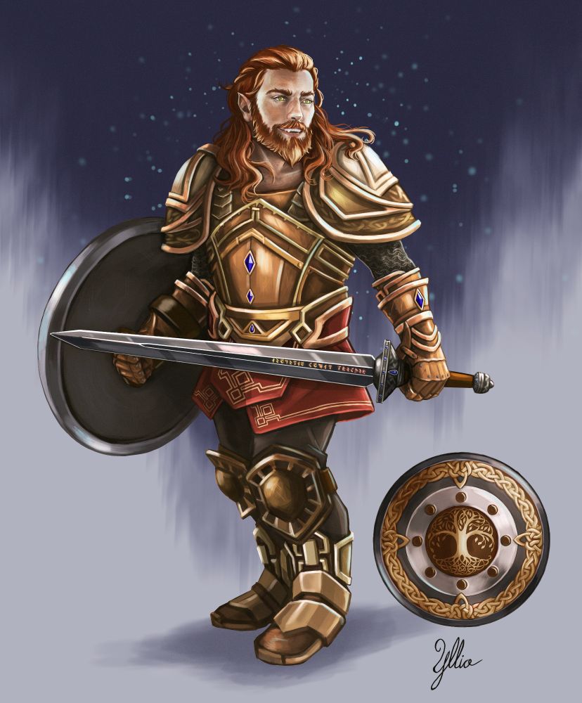 A fey-touched dwarf in heavy armor, wielding a black-bladed sword and a round shield emblazoned with the emblem of a great oak.