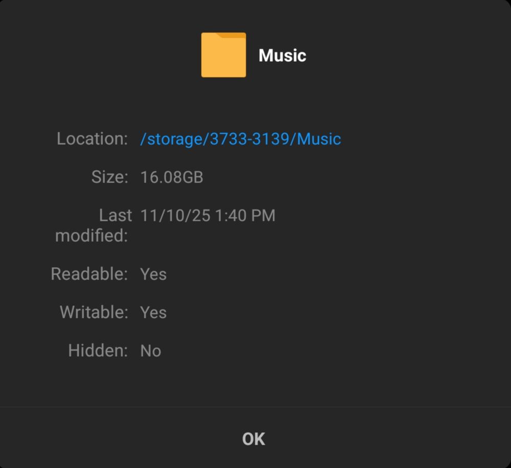 A screenshot of the file details of a phone's Music folder, containing 16GB
