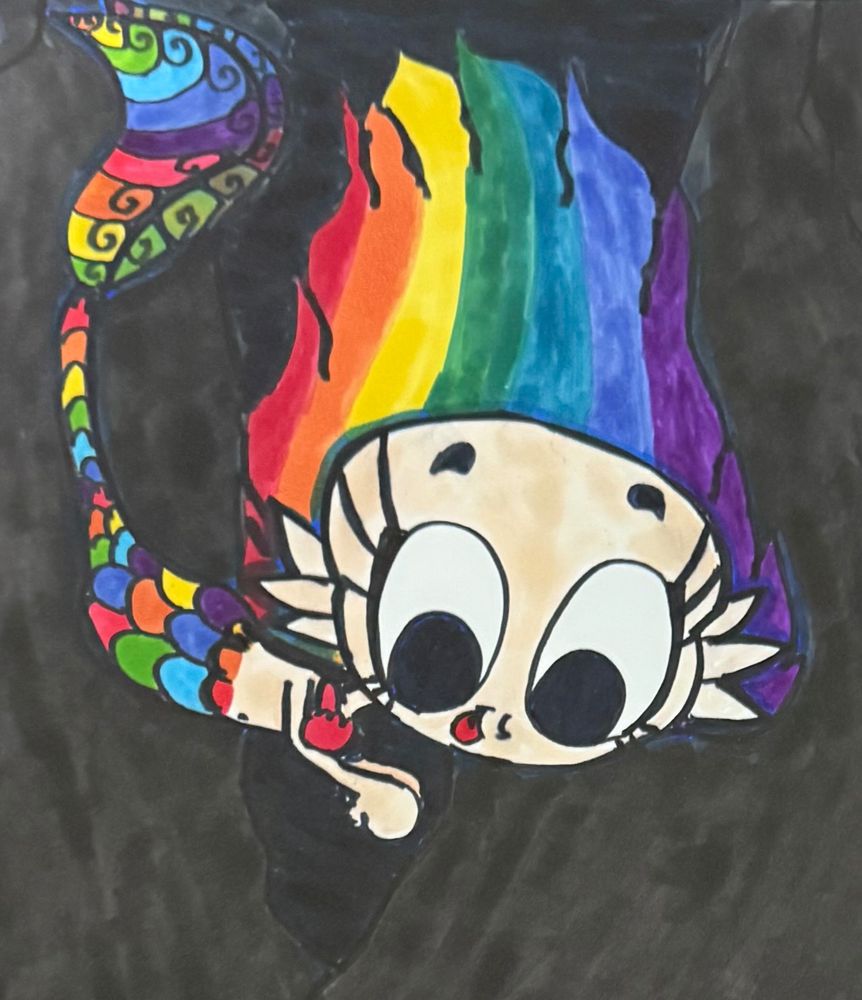 Artwork of a mermaid with rainbow hair and diving.