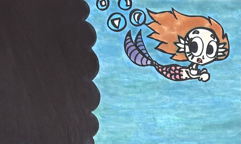 Artwork of a mermaid swimming away from an oil spill.