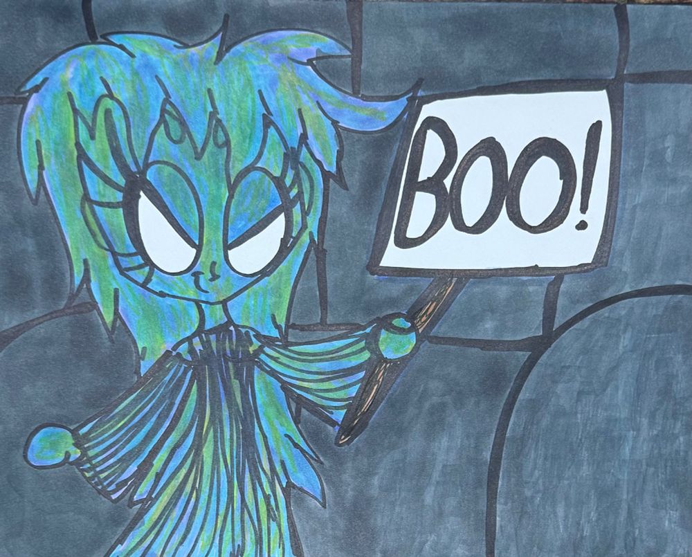 Artwork of a ghost girl holding a sign that says.
“BOO!”