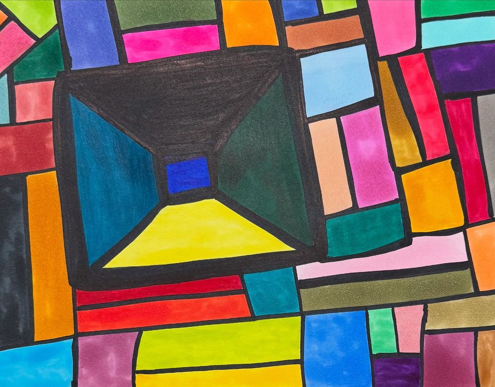 Abstract art mostly focused on a cube on the left.