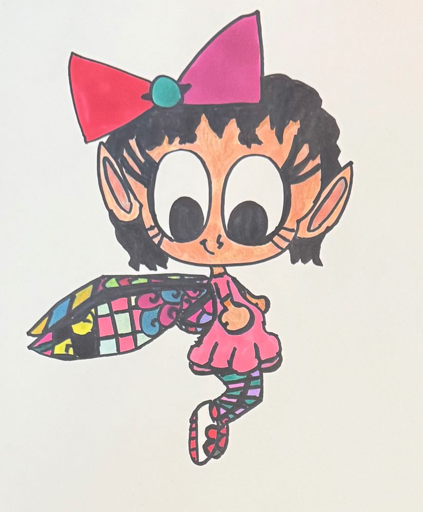 Art work of a fairy with multi colored patterns on her wings.
