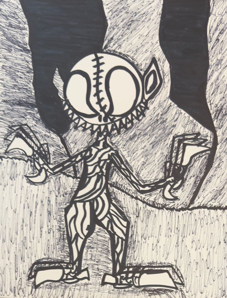 Black and white horror art of a clawed, and sharp toothed humanoid monster.
