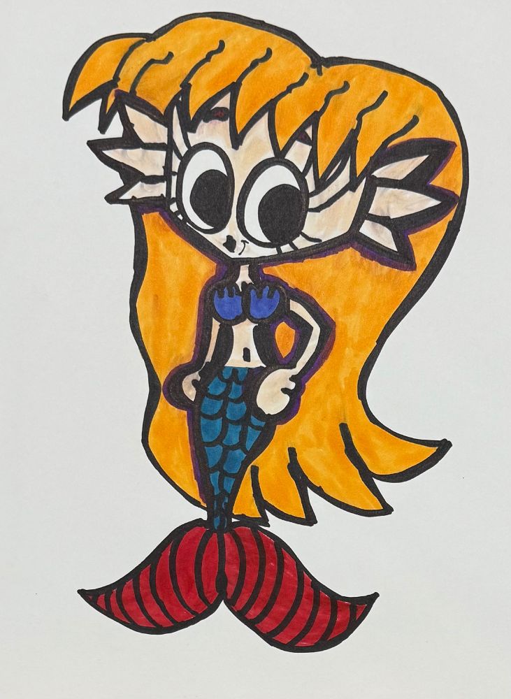 Artworks of a blonde mermaid with a tan.