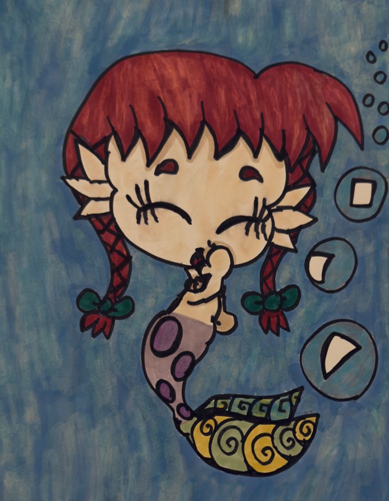Cartoony artwork of a mermaid giggling. 