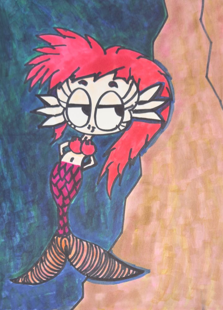 Artwork of a mermaid with spiky hair.