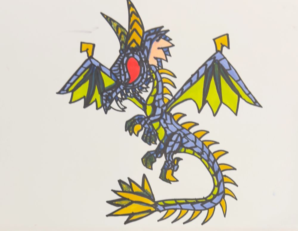 Artwork of a purple, green, and golden dragon.