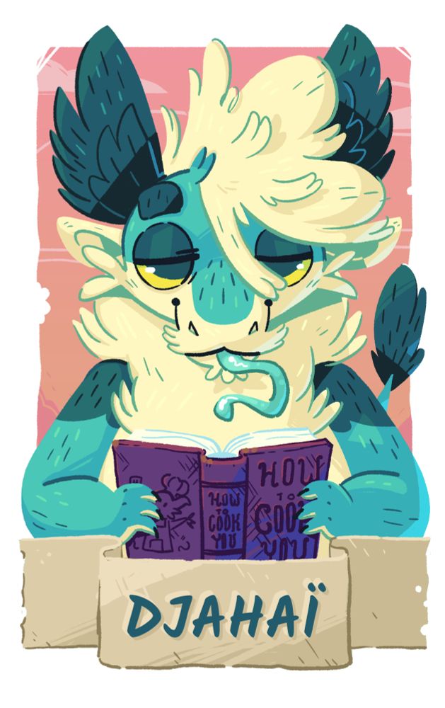 Djahaï holding a book titled "How to cook you". A tiny kobold chef on the front cover.
