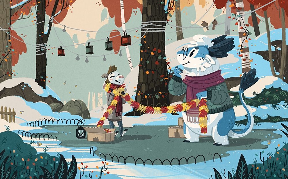 Two anthropomorphic creatures in a bright and colored snowy wood, decorating the trees of a clearing 