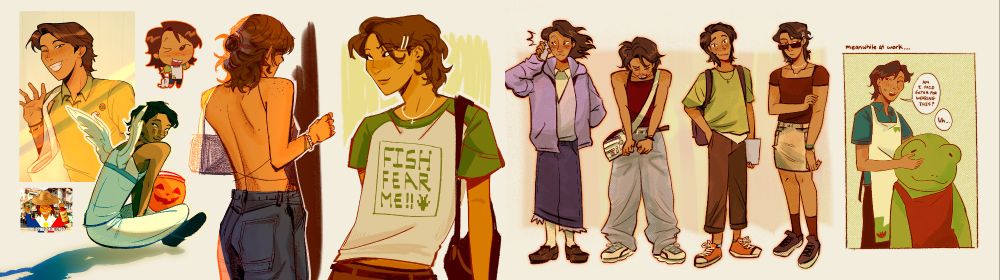 A long illustration compilation of an original character, Skipper (he/she pronouns.) 3 halfbodies and a halloween themed fullbody are on the left, and four fullbodies of different outfits are on the right. There are small sketches of a chibi and a meme. On the farthest right is him looking unsure while holding his resturant's frog mascot costume.