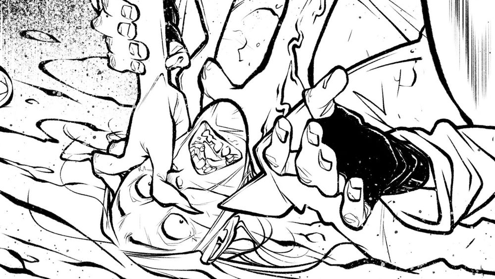 crop of inked comic panel featuring ghastly claws pinning down a shady dude with fingerless gloves