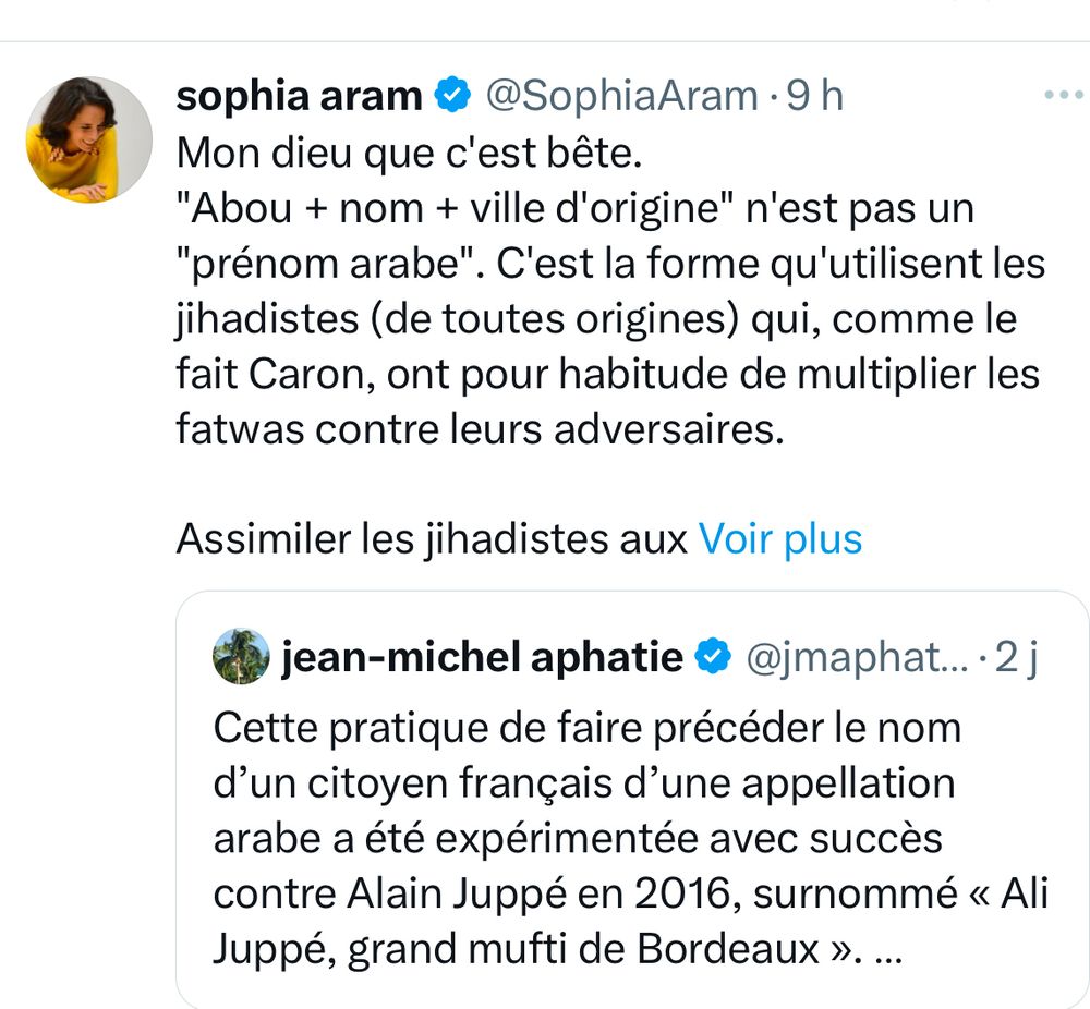 Tweet de Sophia Aram justifiant le surnom
arabisant qu’elle a donné au député A. Caron en expliquant que ces surnoms sont utilisés par les djihadistes. 