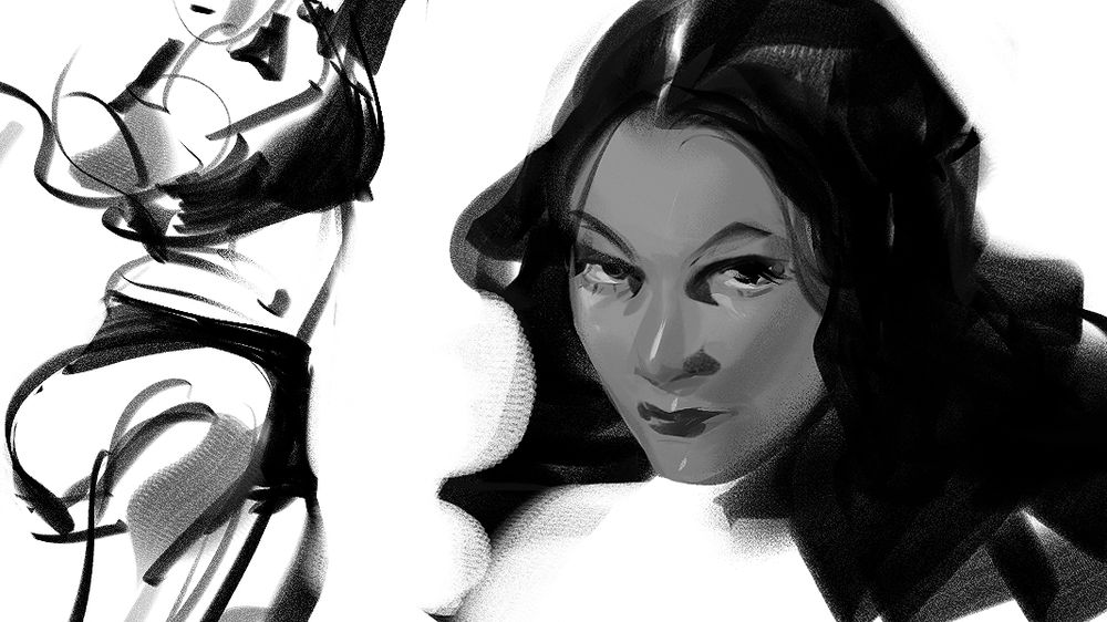 A cropped figure sketch on the left and a portrait study on the right.