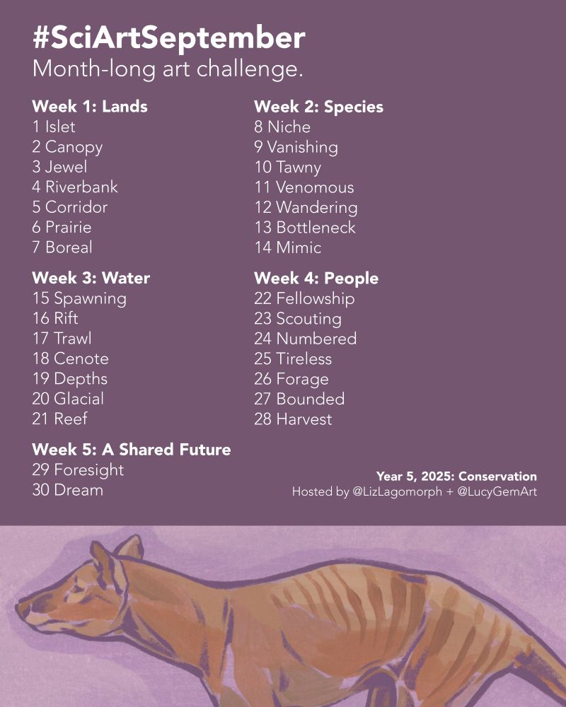 A banner image promoting the month-long art challenge, Sci Art September 2025. The banner features an animal illustration plus text describing a monthly theme, weekly themes, and daily prompt words. The month-long theme is conservation. In order, the weekly themes are: Lands, species, water, people, and a shared future. Finally, the list of daily words is as follows. Week one: Islet, canopy, jewel, riverbank, corridor, prairie, boreal. Week two: Niche, vanishing, tawny, venomous, wandering, bottleneck, mimic. Week 3: Spawning, rift, trawl, cenote, depths, glacial, reef. Week 4: Fellowship, scouting, numbered, tireless, forage, bounded, harvest. Week 5: Foresight, dream. The event is hosted by LizLagomorph and LucyGemArt. 