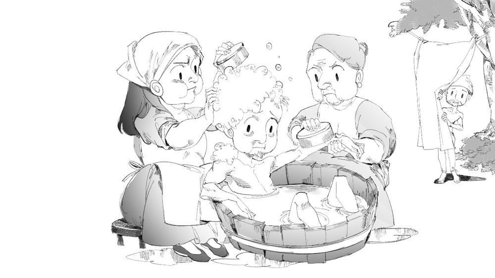 A scene showing the backyard of a medieval bath house. Two bath maidens scrub a man clean, while the next customer watches in fear and awe.