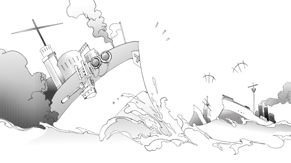 A 20th century warship being attacked by two others and sinking into the waves. This art is actually based on a propaganda poster.