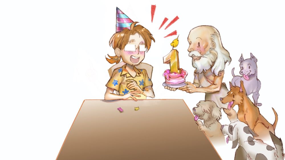 Philosopher Diogenes handing me a birthday cake. He is followed by a pack of friendly street dogs. 