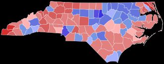 The 2024 NC GOV map, with blue counties centered around a few metro areas, while the rest of the state is red.