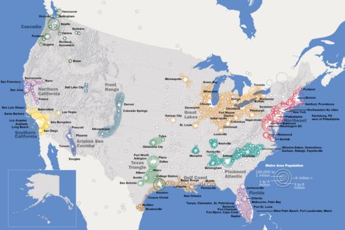 A map of the United States megaregions as defined by the Regional Plan Association: the Pacific Northwest, Northern California, Southern California, the Arizona Sun Corridor, the Front Range, the Texas Triangle, the Gulf Coast, Piedmont Atlantic, Florida, the Northeast Corridor, and the Midwest.