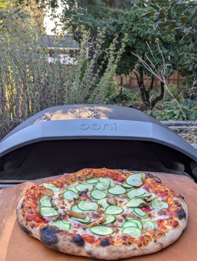 Pizza in front of a pizza oven in the garden. 