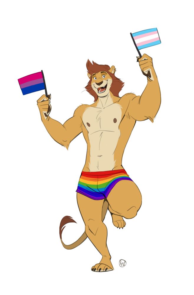 A Prideful Lion man in rainbow boxers raising two flags, Bi and Trans, in both hands. Artwork by @bobbyarts.bsky.social‬ for the game, Mars Vice.
