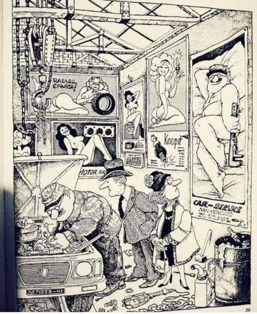 Cartoon of a mechanic working on a car in a garage with the car owners' watching quietly over his shoulder.  Woman notices a large ad on the wall that does not match all the poster ads which feature shapely women.  The poster ad features the mechanic working on the car posing provocatively holding a large wrench.  The female car owner is a bit startled.
