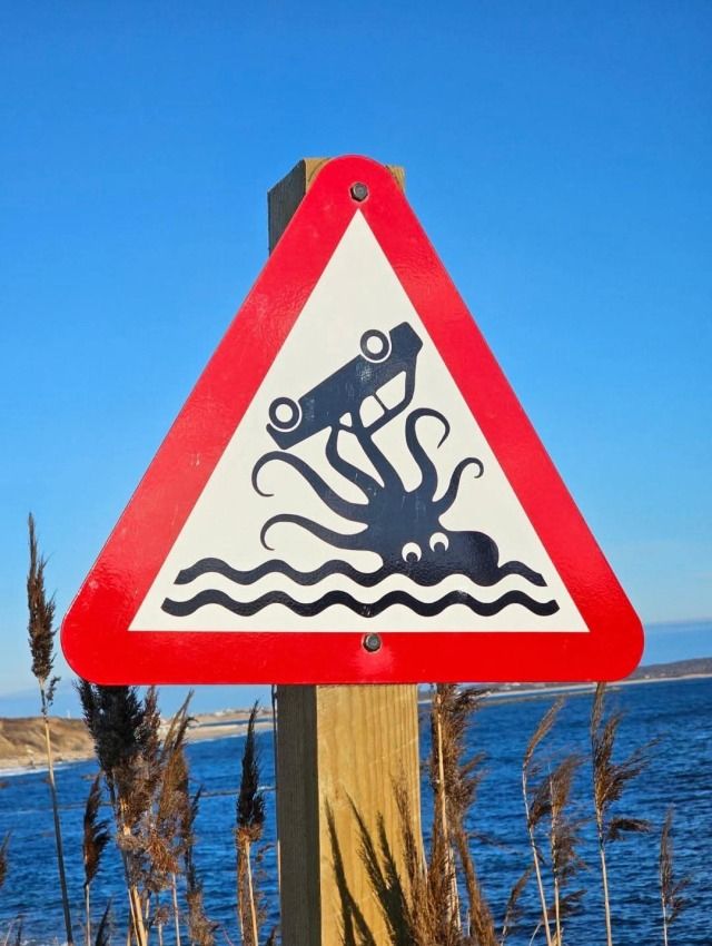 Road warning sign, next to large body of water showing a Kraken coming out of the water and grabbing a car.
