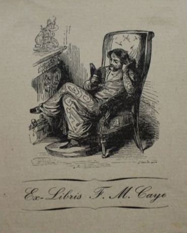 Man sitting in a comfy chair, wearing a long dressing gown, reading a book in front of a fire. Bookplate, or Ex Libris, for F. M. Caye, by an unknown artist, assumed to be French.