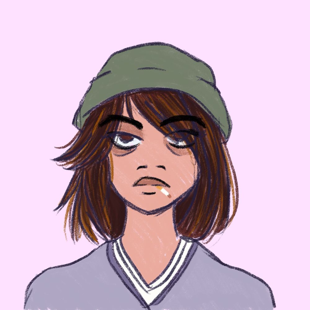 A sketch of a woman with brown hair and overgrown highlights. She wears a baggy, nondescript neutral sweater over a white shirt and an olive beanie. She has bags under her eyes and a lit cigarette in her mouth. 

She does NOT look like a doctor. 
