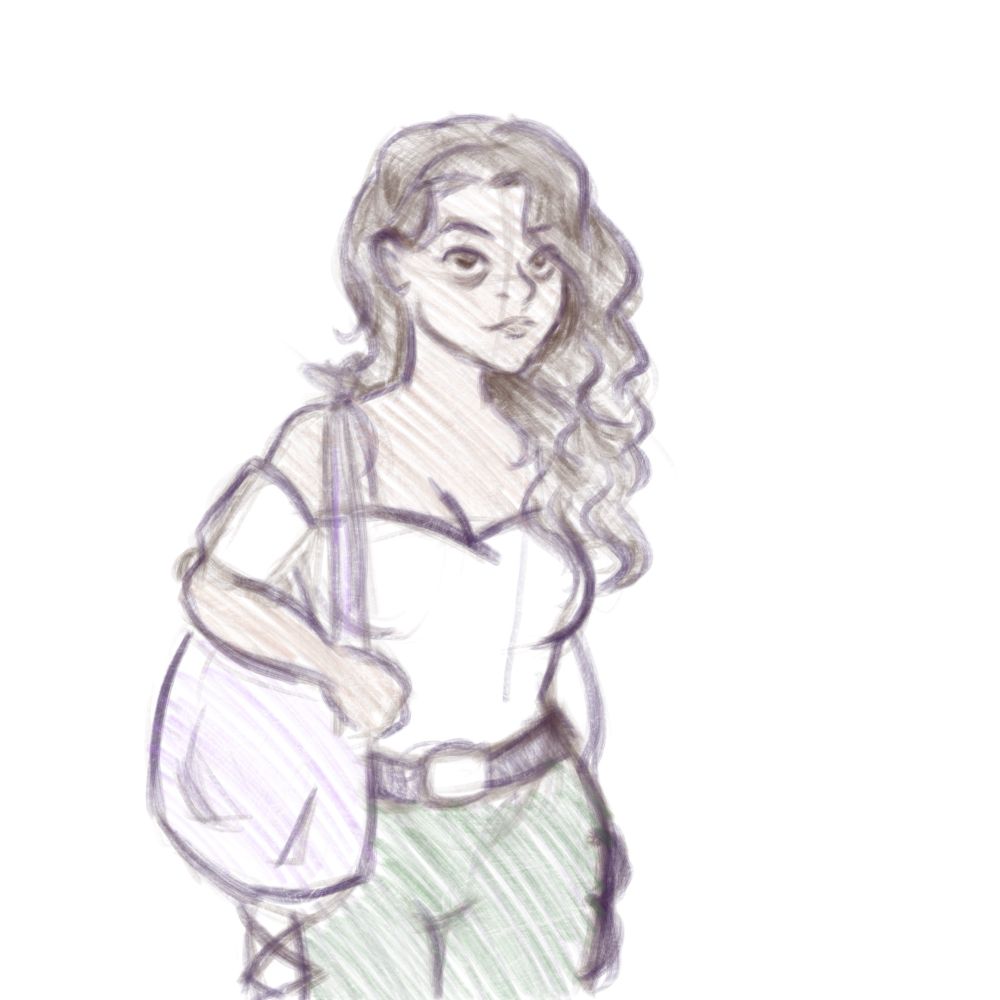 A woman stands holding a purple bag on her right side. Her long wavy brown hair is brushed to her left side. She wears green pants that are open on the sides, the slits are cross crossed with laces. Her shirt is off the shoulder with a small white cuff on her right arm. Her expression is neutral. 

It is very hazy and sketchy and obviously done in a rush. 