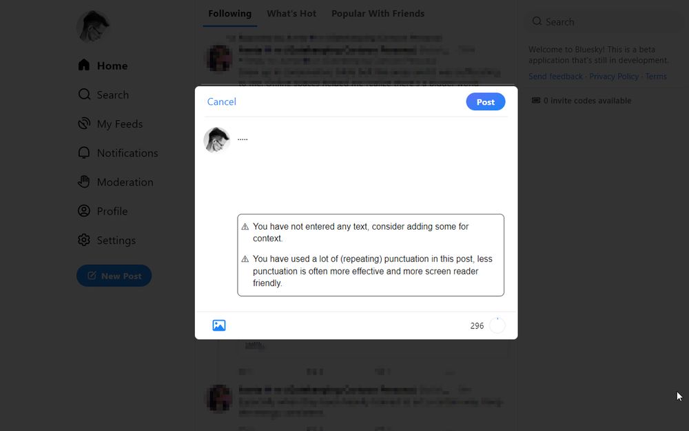 Composing a post with only periods typed in, which causes 2 warnings to show:
You have not entered any text, consider adding some for context.

You have used a lot of (repeating) punctuation in this post, less punctuation is often more effective and more screen reader friendly.