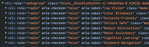 A div with role radiogroup, filled with divs with role radio. Aria-checked and aria-label attributes are also visible, but the code inside the divs is not (it's also a mess).
