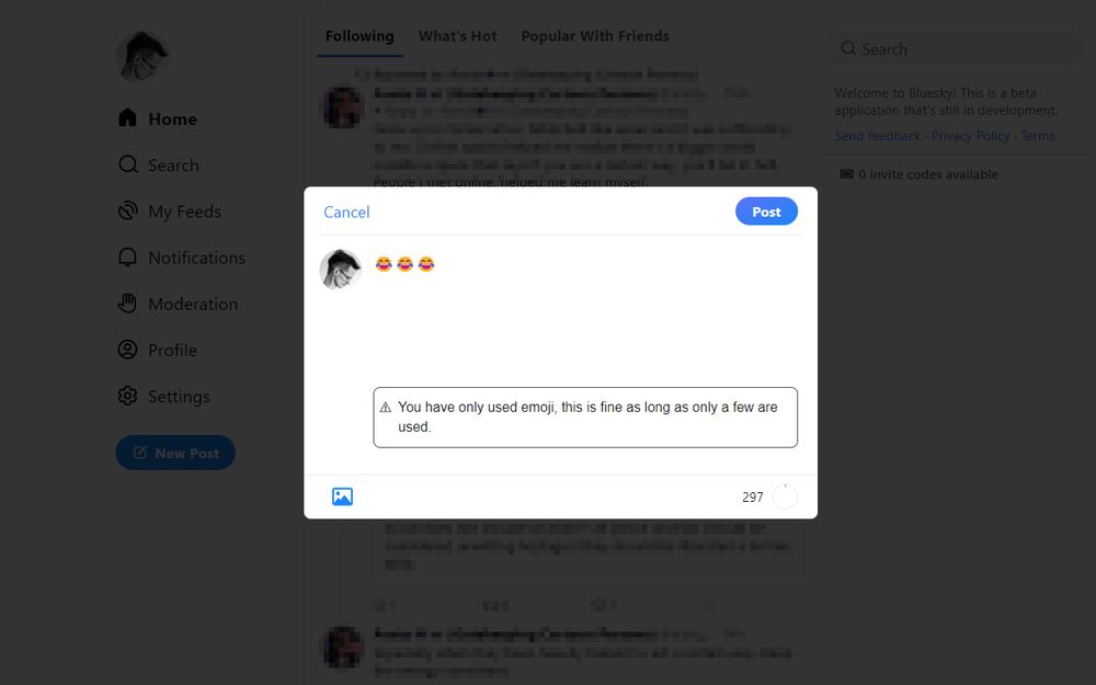 Composing a post with only emoji typed in, which causes a warning to show:
You have only used emoji, this is fine as long as only a few are used.