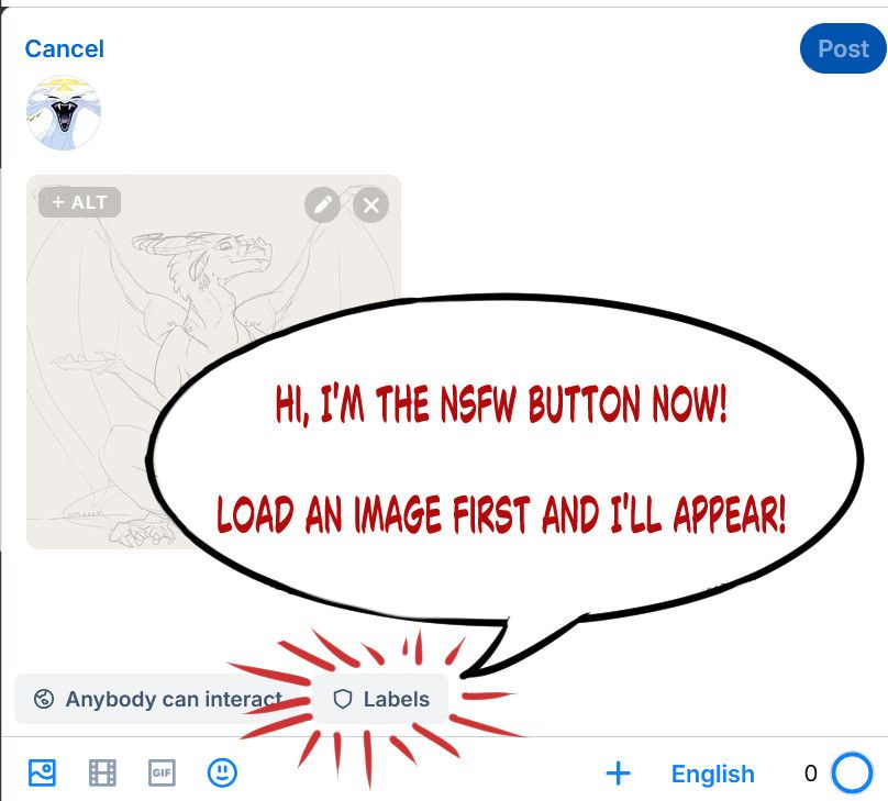 When you go to do a media post - AFTER you add your media - a labels button appears.  You can click this and then use it to mark your work as NSFW which makes it work wtih BSKY's built-in filters.

#Tags and things like that don't make your work use the filters.  You have to label for it to work.
