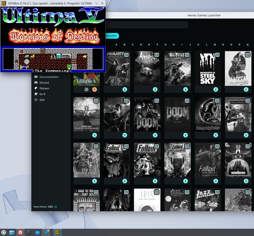 You see DOSBOX in a tiny window running Ultima 5.  I can make it full-screen and it looks just like it did 30+ years ago but I made it small to show that I'm running KDE and Heroic Games Launcher.