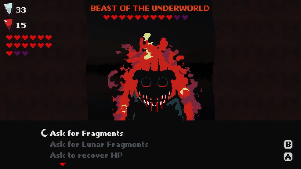 a battle with BEAST OF THE UNDERWORLD, a bleeding dog engulfed in flame. "Ask for Fragments" is selected.